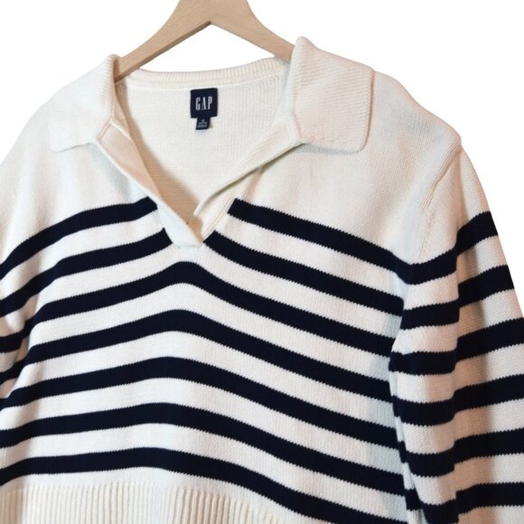 GAP White Navy Striped Sweater Size M Petite 100% Cotton Polo Knit Nautical Prep - Picture 7 of 9